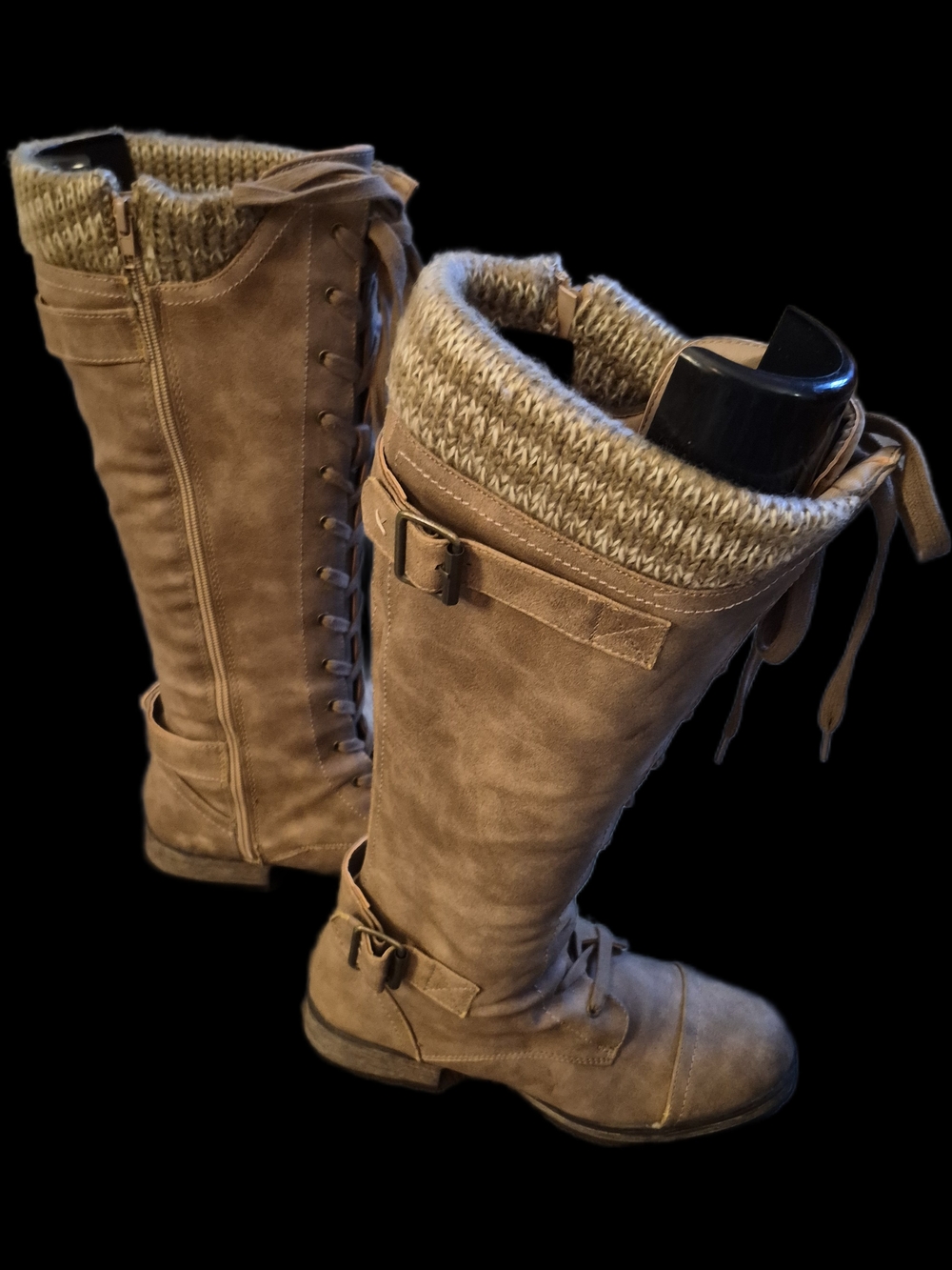 Knee High Knit Cuff Riding Boots - Tan